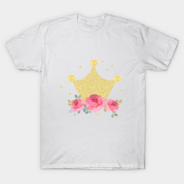 Shining crown with hand drawn pink roses T-Shirt by GULSENGUNEL